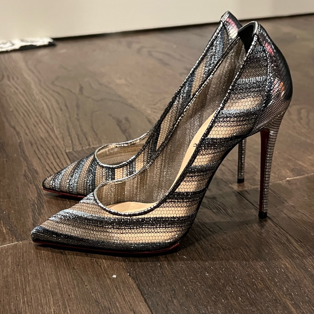 Louboutin Silver Lace & Mesh Follies 100mm